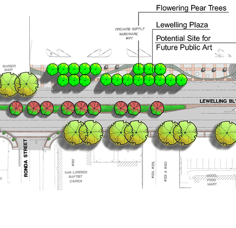 Conceptual site plan of the hardscape and landscape features designed by Haygood & Associates, Lewelling Boulevard Plaza - Lewelling Boulevard Streetscape Improvement Project, Alameda County, CA