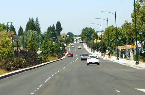 Photo of Mission Boulevard and the award-winning hardscape and landscape features designed by Haygood & Associates for the Route 238 Corridor Improvement Project, City of Hayward, CA