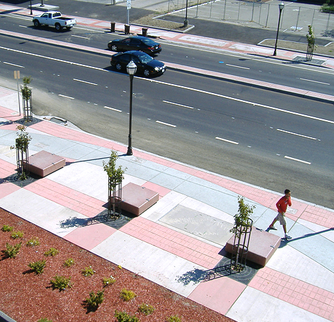 Photo of the hardscape and landscape features designed by Haygood & Associates, Lewelling Boulevard Streetscape Improvement Project, Alameda County, CA