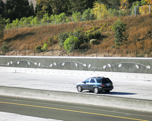Photo of the oak leaf pattern wall designed by Haygood & Associates for the Contra Costa Transportation Authority and Caltrans District 4. I-680 Auxiliary Lanes Project, San Ramon-Danville, CA