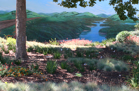 Maple Gateway - Photo of the award-winning hardscape and landscape features designed by Haygood & Associates for the Route 238 Corridor Improvement Project, City of Hayward, CA