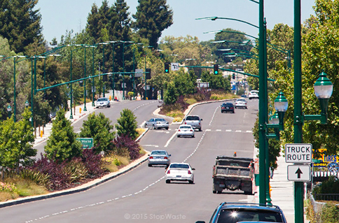 Mission Boulevard  - Photo of the award-winning hardscape and landscape features designed by Haygood & Associates for the Route 238 Corridor Improvement Project, City of Hayward, CA